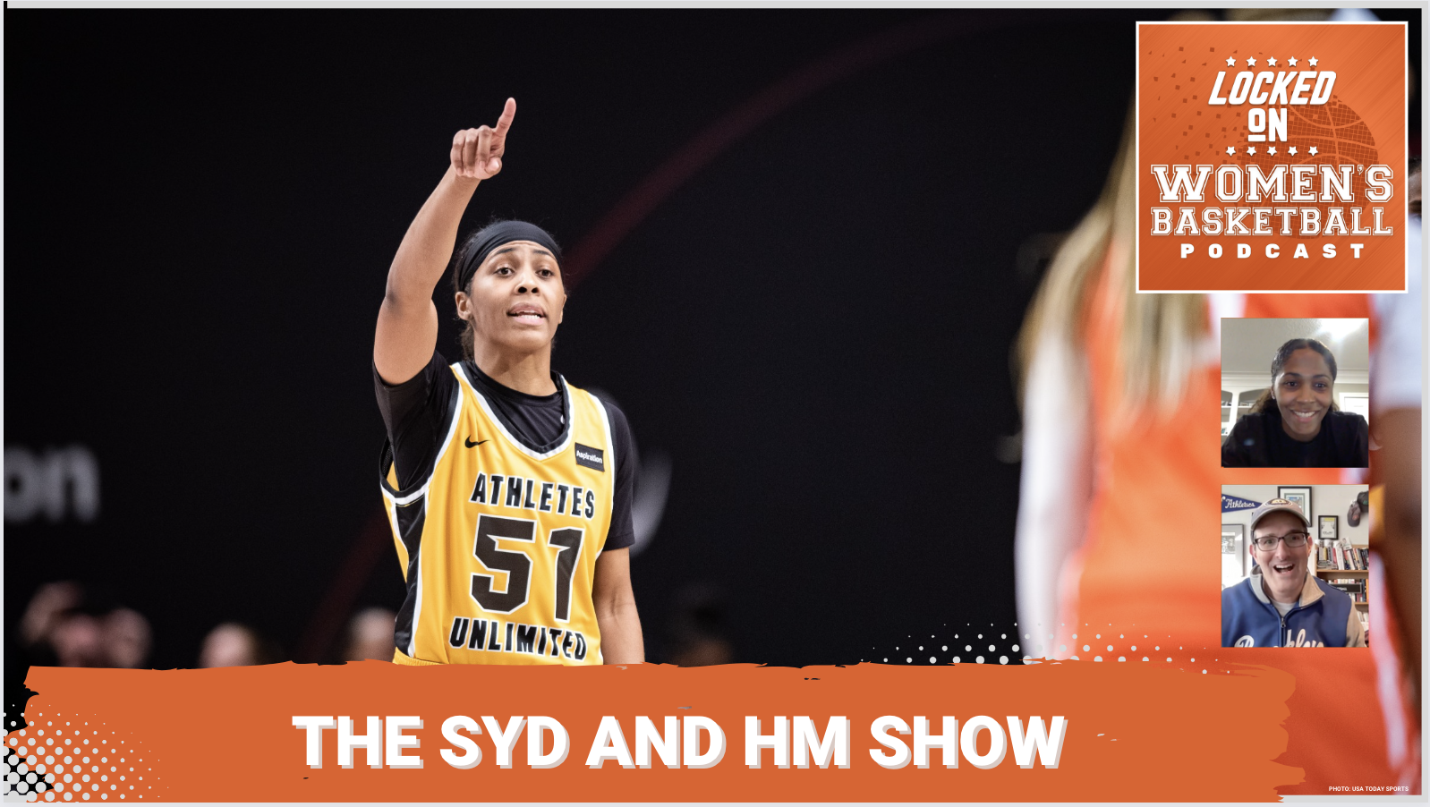 Graphic with photo of Sydney Colson (51) signaling up the court during an Athletes Unlimited game. Text below reads "The Syd and HM Show". Locked On Women's Basketball graphic at top right. Headshots of host Howard Megdal and guest Sydney Colson at bottom right.
